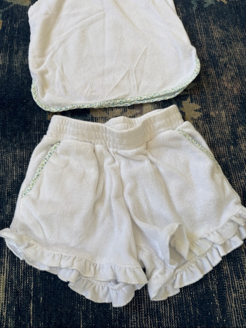 Kids White Terrycloth Matching Set with Green Trim - Picture 2 of 3